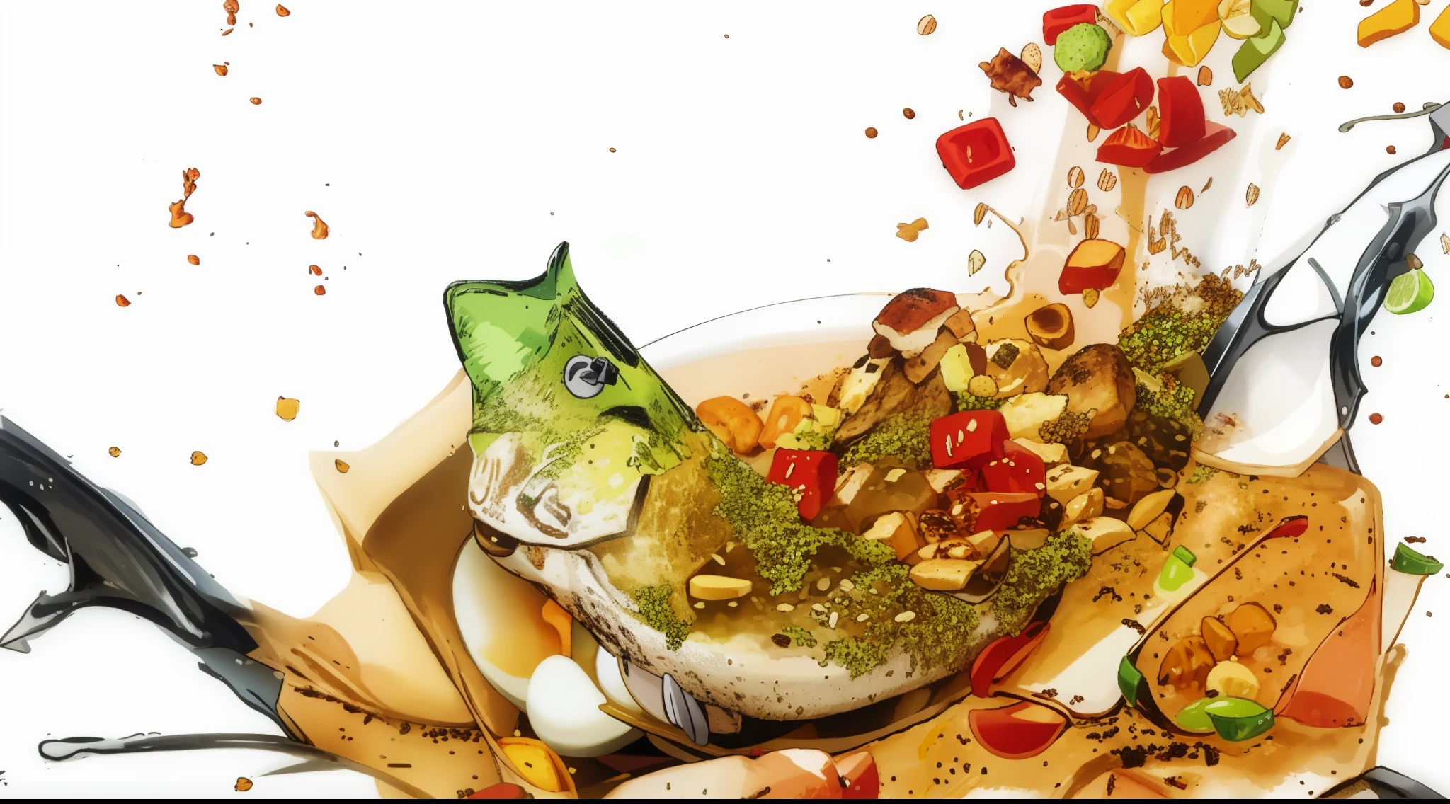 A fish is being grilled on the grill, The soup splashes from the front to the rear，Green chili sprinkles，Comic Visual