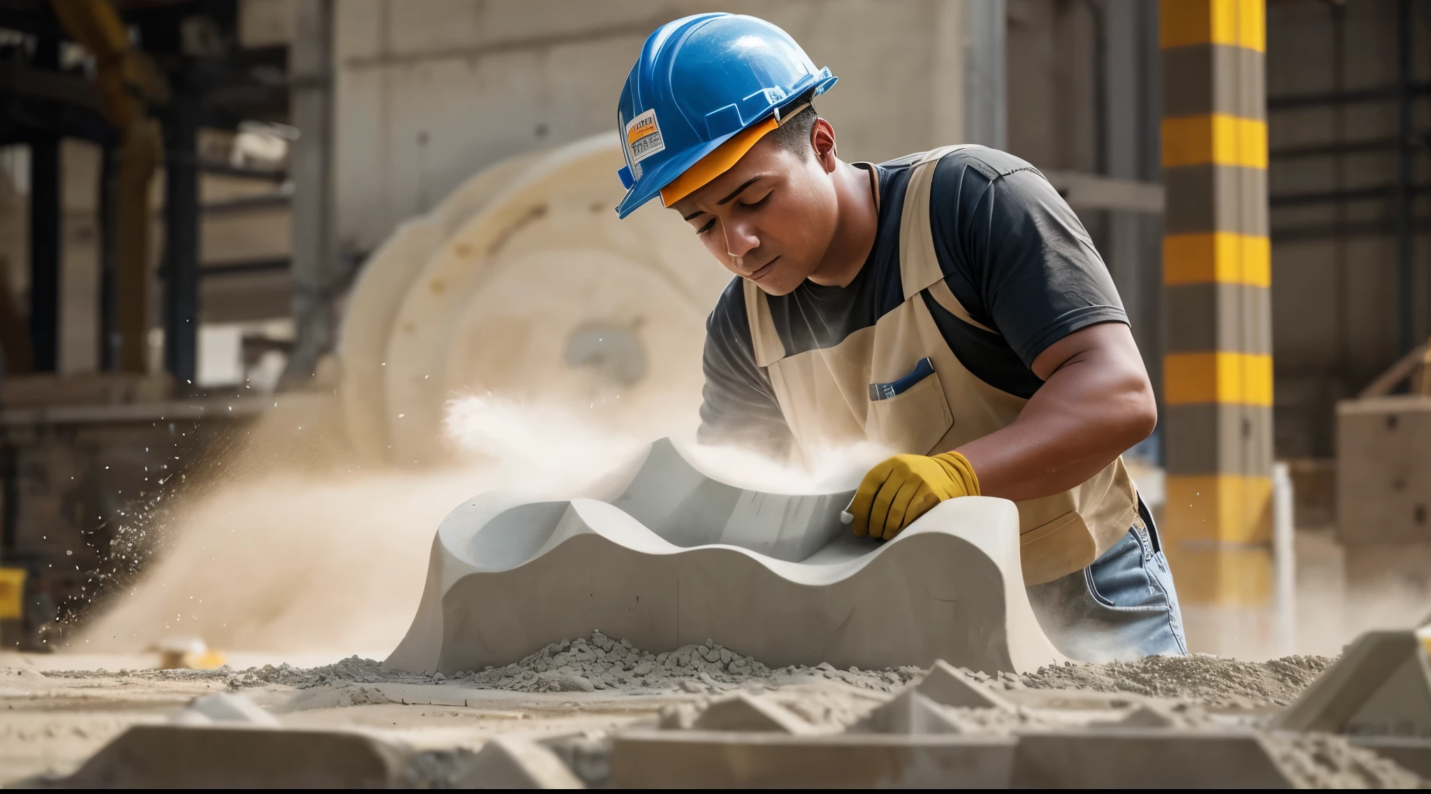 construction worker man working on a machine in a factory with dust cement, cgi clay sculpture, dust swirling, cement, clay material, industrial photography, worksafe. cinematic, inside a marble, photo taken in 2 0 2 0, sand swirling, made of cement, world of only concrete, people at work, stone dust, man carving himself out of stone, sculpting, realistic image, 16k resolution, construction Background, construction worker man working on a big cement factory, big cement, construction worker man mixing on a big cement at the factory, working inside the factory,  constructo worker mixing the cement and forming the cement into circle