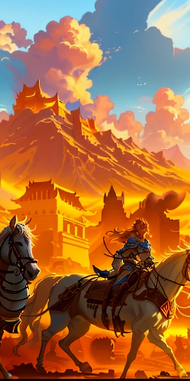 Horses running in the desert，Journey to the West theme，Sun Wukong riding a horse, andreas rocha style, epic fantasy digital art style, 2. 5d CGI anime fantasy artwork, Detailed digital 2D fantasy art, fantasy art behance, epic fantasy sci fi illustration, detailed game art illustration