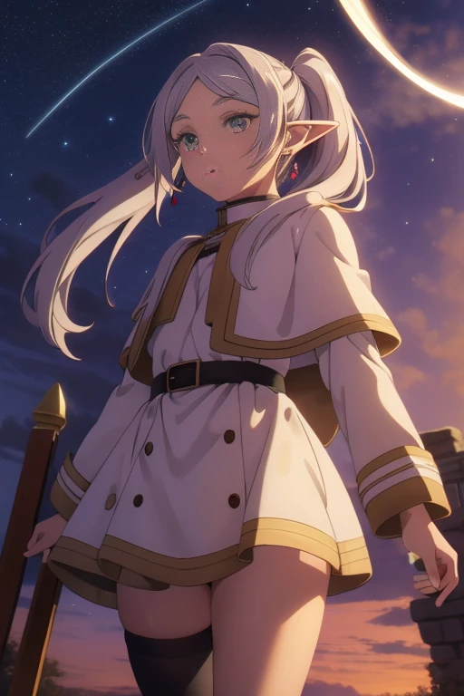 1girls,bara,elf,White Hair,Gray Hair,earrings,pointy ears,long-haired,Ponytail,green eyes,twintails,Parted Bangs,Thick eyebrows,coat with collar,white capelet,streaks shirt,long sleeve,streaks,White skirt.,
tights,brown shoes,expressionless,red staff,, beautiful image, high-res,masterpiece,bestquality,, beautiful image,high-res,masterpiece,bestquality,18yo,The young woman,Beautiful Finger,long beautiful legs,Beautiful body,Beautiful character design,white panties, Fly in the sky, Cast magic, beam of light from staff, Looking from below, She floats in the air, On the ground were hordes of demons. ,dark sky, nighttime