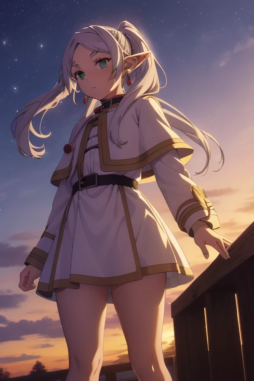 1girls,bara,elf,White Hair,Gray Hair,earrings,pointy ears,long-haired,Ponytail,green eyes,twintails,Parted Bangs,Thick eyebrows,coat with collar,white capelet,streaks shirt,long sleeve,streaks,White skirt.,
tights,brown shoes,expressionless,red staff,, beautiful image, high-res,masterpiece,bestquality,, beautiful image,high-res,masterpiece,bestquality,18yo,The young woman,Beautiful Finger,long beautiful legs,Beautiful body,Beautiful character design,white panties, Fly in the sky, Cast magic, beam of light from staff, Looking from below, She floats in the air, On the ground were hordes of demons. ,dark sky, nighttime