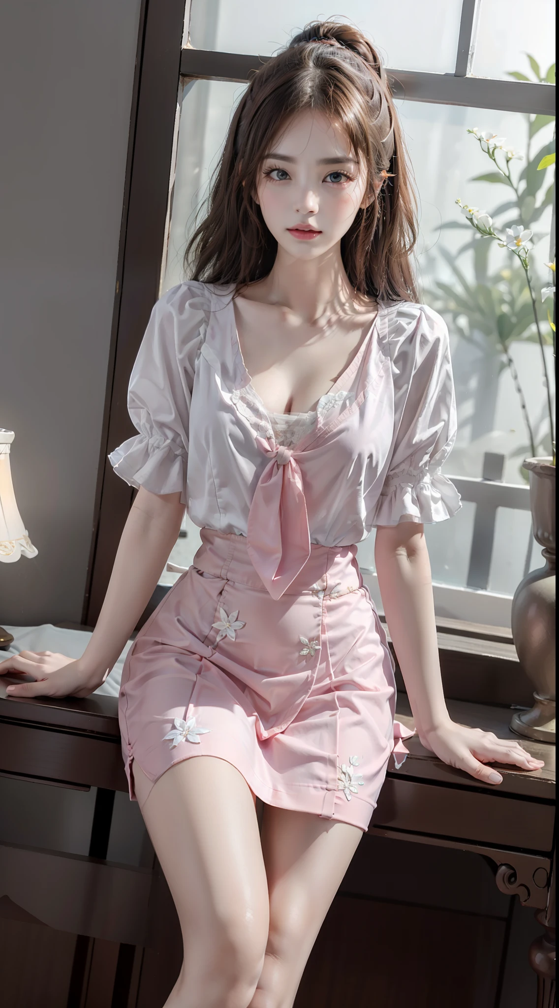 pleated skirt,pink skirt,pink sailor collar, upskirt nurse, (Best quality at best,4K,8K,A high resolution,tmasterpiece:1.2),ultra - detailed,(actual,realisticlying,照片般realisticlying:1.37),Beautiful depiction of cherry blossoms, Dynamically capture Tai Chi elements, flowy fabric, vivd colour, in pastel shades, Soft and dreamy lighting, Meticulous craftsmanship, dynamic action, Detailed rendering of intricate floral embroidery, Beautiful posture, Porcelain-like skin, soft blue eyes, Exquisite and flawless makeup, Surreal wallpapers.