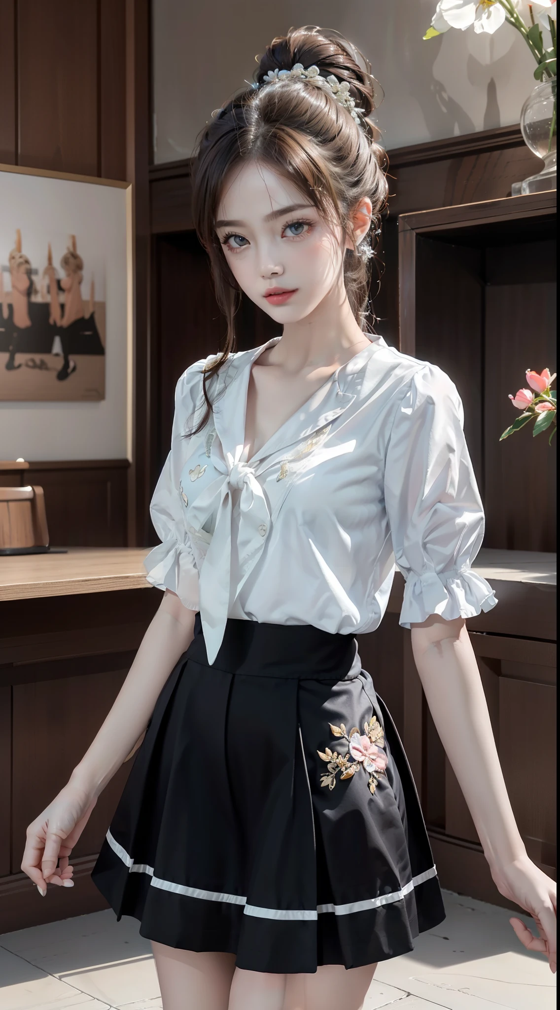 pleated skirt,pink skirt,pink sailor collar, upskirt nurse, (Best quality at best,4K,8K,A high resolution,tmasterpiece:1.2),ultra - detailed,(actual,realisticlying,照片般realisticlying:1.37),Beautiful depiction of cherry blossoms, Dynamically capture Tai Chi elements, flowy fabric, vivd colour, in pastel shades, Soft and dreamy lighting, Meticulous craftsmanship, dynamic action, Detailed rendering of intricate floral embroidery, Beautiful posture, Porcelain-like skin, soft blue eyes, Exquisite and flawless makeup, Surreal wallpapers.