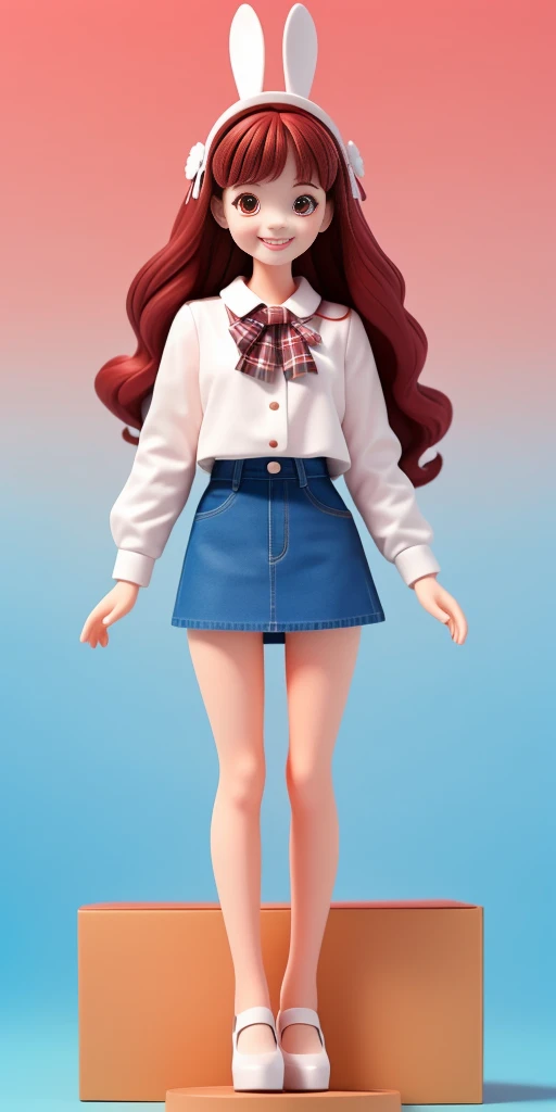 Disney style, box doll, 1girl, (Anatomically correct), full body, (masterpiece:1.1), (best quality:1.1), (white blouse:1.1), (plaid skirt:1.1), school uniform, white lace skirt, white high heels, BREAK [blue:pink:0.5] theme, (gradient background: 1.1), denim shot, long hair, hair ring with rabbit ears, red eyes, smile, delicate headdress, sideways, clay texture