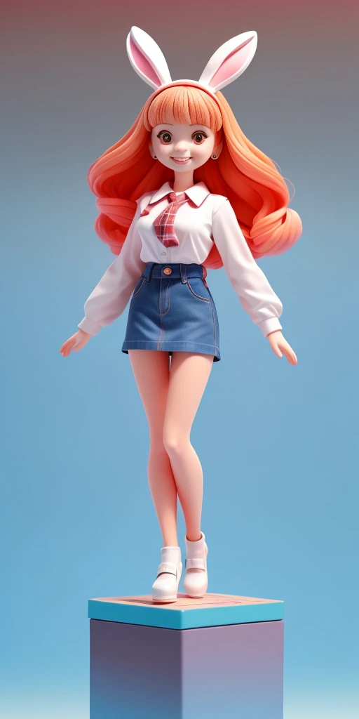 Disney style, box doll, 1girl, (Anatomically correct), full body, (masterpiece:1.1), (best quality:1.1), (white blouse:1.1), (plaid skirt:1.1), school uniform, white lace skirt, white high heels, BREAK [blue:pink:0.5] theme, (gradient background: 1.1), denim shot, long hair, hair ring with rabbit ears, red eyes, smile, delicate headdress, sideways, clay texture