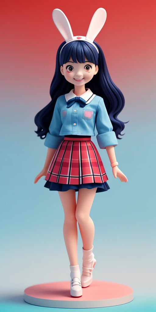 Disney style, box doll, 1girl, (Anatomically correct), full body, (masterpiece:1.1), (best quality:1.1), (white blouse:1.1), (plaid skirt:1.1), school uniform, white lace skirt, white high heels, BREAK [blue:pink:0.5] theme, (gradient background: 1.1), denim shot, long hair, hair ring with rabbit ears, red eyes, smile, delicate headdress, sideways, clay texture
