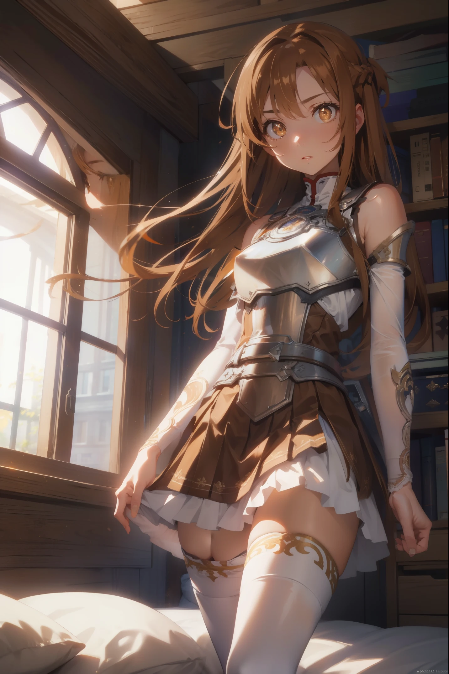 asunayuuki, asuna yuuki, long hair, brown hair, (brown eyes:2), (small breast:1.2),
BREAK skirt, thighhighs, bare shoulders, detached sleeves, armor, white thighhighs, breastplate,
BREAK indoors, bed, bedroom,
BREAK looking at viewer, BREAK (masterpiece:1.2), best quality, high resolution, unity 8k wallpaper, (illustration:0.8), (beautiful detailed eyes:1.6), extremely detailed face, perfect lighting, extremely detailed CG, (perfect hands, perfect anatomy),