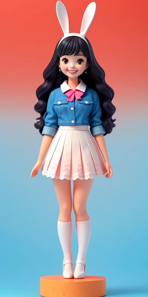 Disney style, box doll, 1girl, (Anatomically correct), full body, (masterpiece:1.1), (best quality:1.1), (white blouse:1.1), (plaid skirt:1.1), school uniform, white lace skirt, white high heels, BREAK [blue:pink:0.5] theme, (gradient background: 1.1), denim shot, long hair, hair ring with rabbit ears, red eyes, smile, delicate headdress, sideways, clay texture