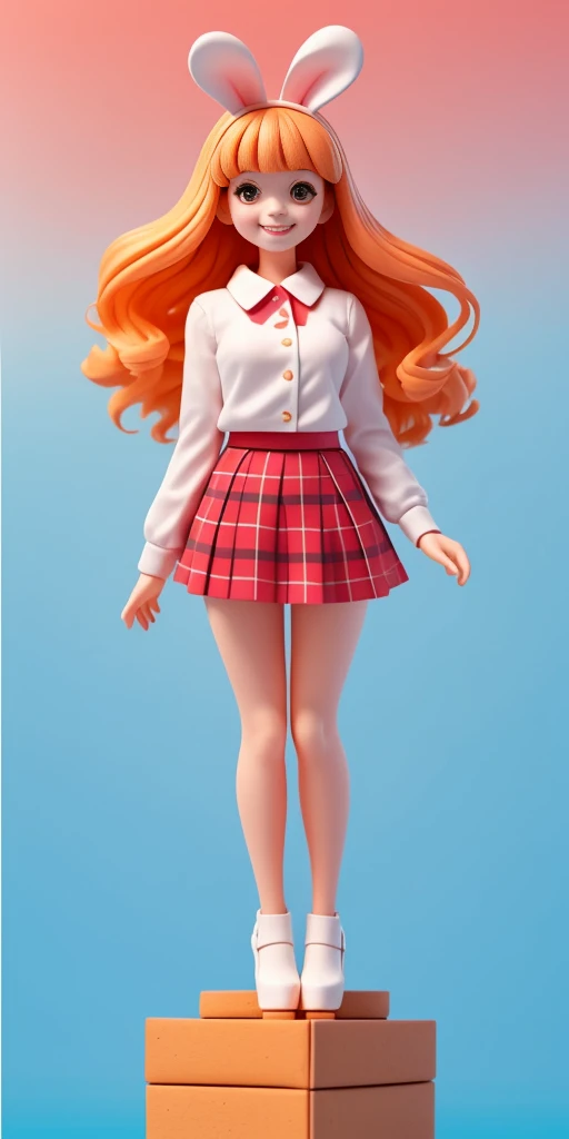 Disney style, box doll, 1girl, (Anatomically correct), full body, (masterpiece:1.1), (best quality:1.1), (white blouse:1.1), (plaid skirt:1.1), school uniform, white lace skirt, white high heels, BREAK [blue:pink:0.5] theme, (gradient background: 1.1), denim shot, long hair, hair ring with rabbit ears, red eyes, smile, delicate headdress, sideways, clay texture