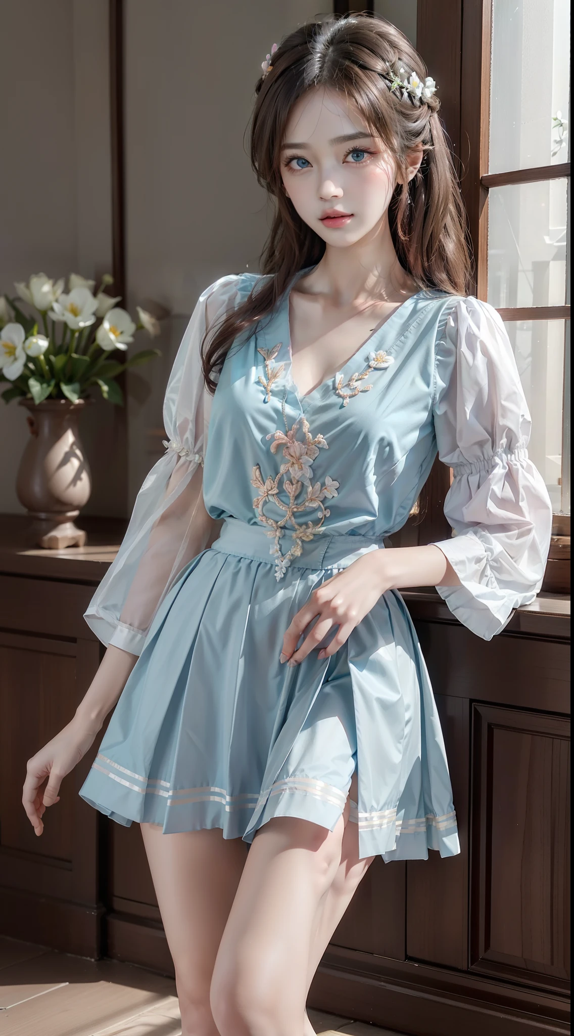 pleated skirt,pink skirt,pink sailor collar, upskirt nurse, (Best quality at best,4K,8K,A high resolution,tmasterpiece:1.2),ultra - detailed,(actual,realisticlying,照片般realisticlying:1.37),Beautiful depiction of cherry blossoms, Dynamically capture Tai Chi elements, flowy fabric, vivd colour, in pastel shades, Soft and dreamy lighting, Meticulous craftsmanship, dynamic action, Detailed rendering of intricate floral embroidery, Beautiful posture, Porcelain-like skin, soft blue eyes, Exquisite and flawless makeup, Surreal wallpapers.