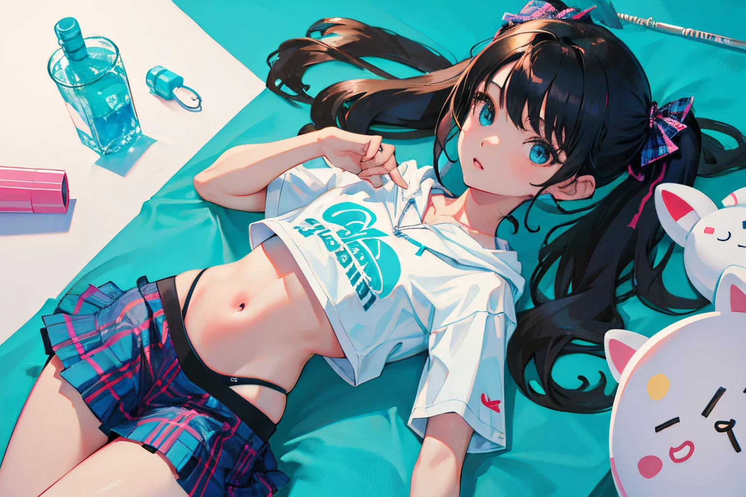 child,(masterpiece,Highest Quality),turquoise short sleeve hoodie,Crop Top Look,Plaid mini skirt,A dark-haired,long twintail,World of toys
