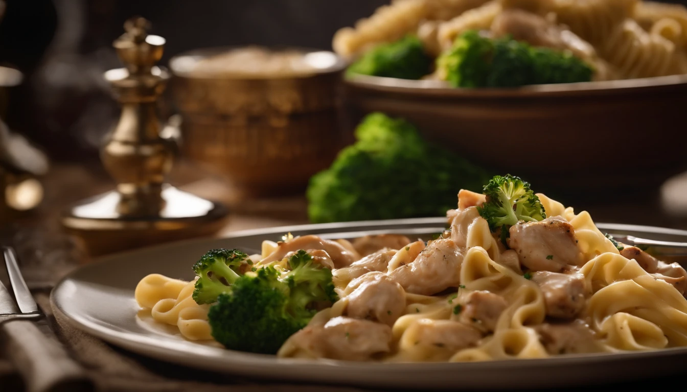A detailed and realistic image showcasing a mouthwatering plate of al dente Italian pasta mixed with juicy chicken pieces and steamed broccoli florets, coated in a rich and creamy sauce, highlighting the textures and flavors of the dish.