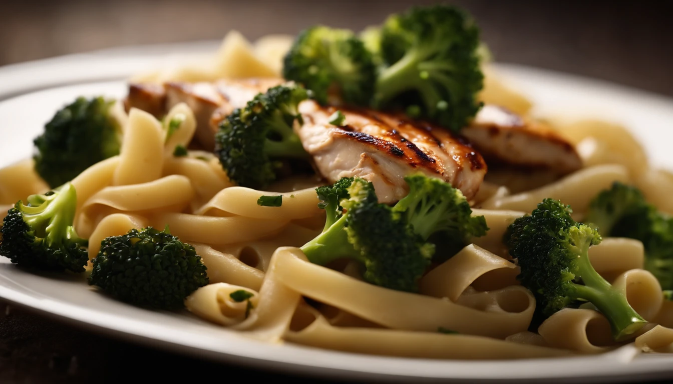 A high-resolution image showcasing a close-up of a fork twirling the Italian pasta with succulent pieces of grilled chicken and vibrant broccoli, capturing the motion and textures of the dish, inviting the viewer to indulge in each bite.