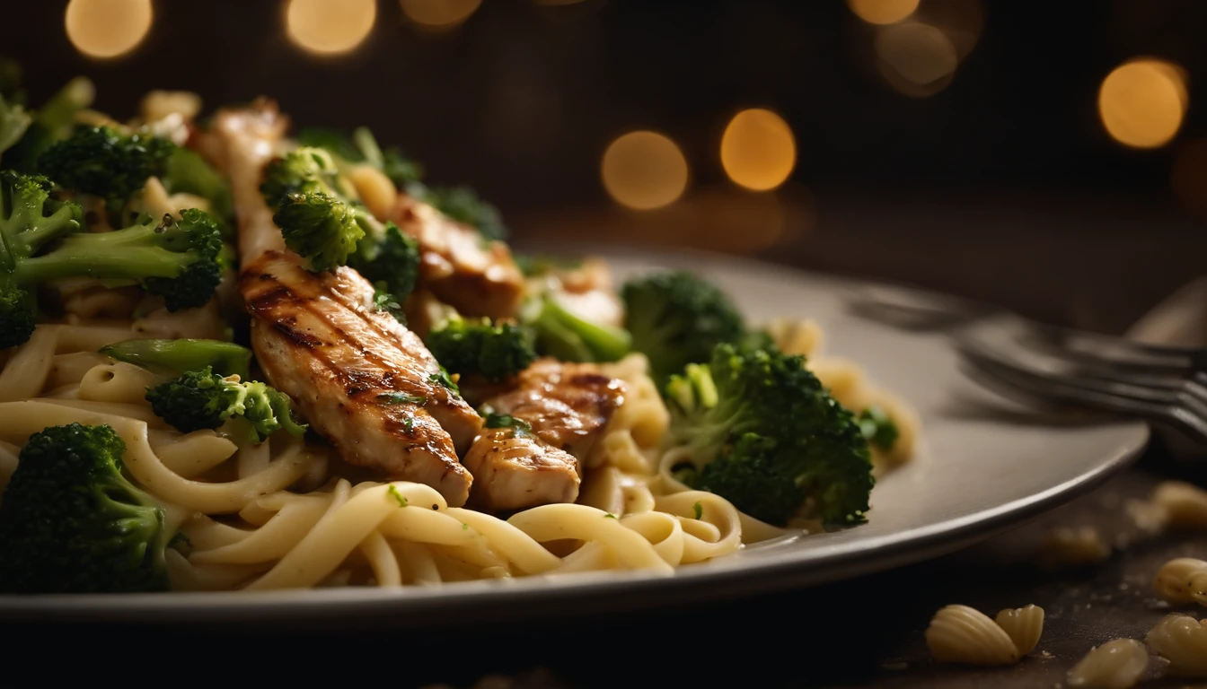 A high-resolution image showcasing a close-up of a fork twirling the Italian pasta with succulent pieces of grilled chicken and vibrant broccoli, capturing the motion and textures of the dish, inviting the viewer to indulge in each bite.