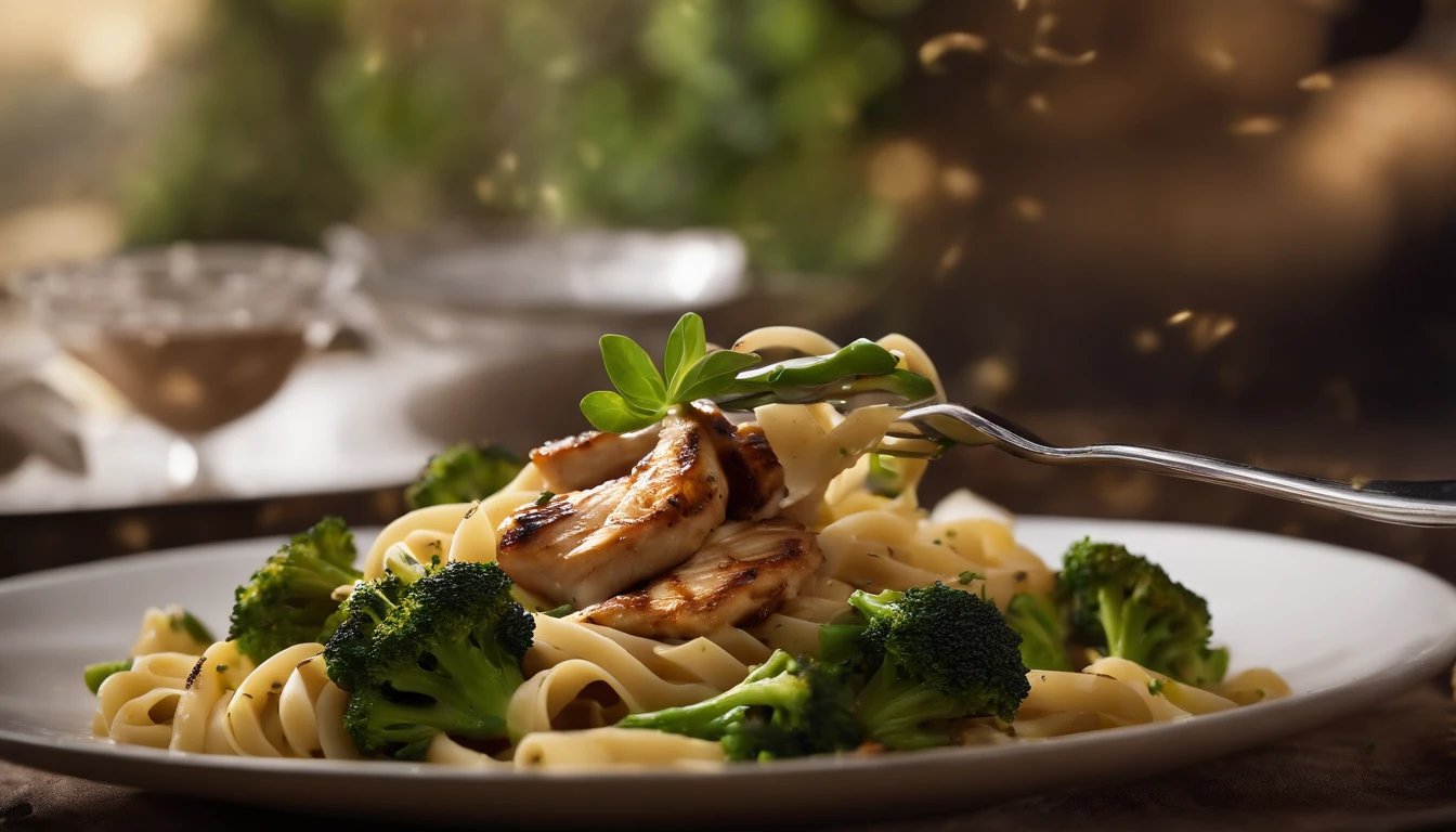 A high-resolution image showcasing a close-up of a fork twirling the Italian pasta with succulent pieces of grilled chicken and vibrant broccoli, capturing the motion and textures of the dish, inviting the viewer to indulge in each bite.