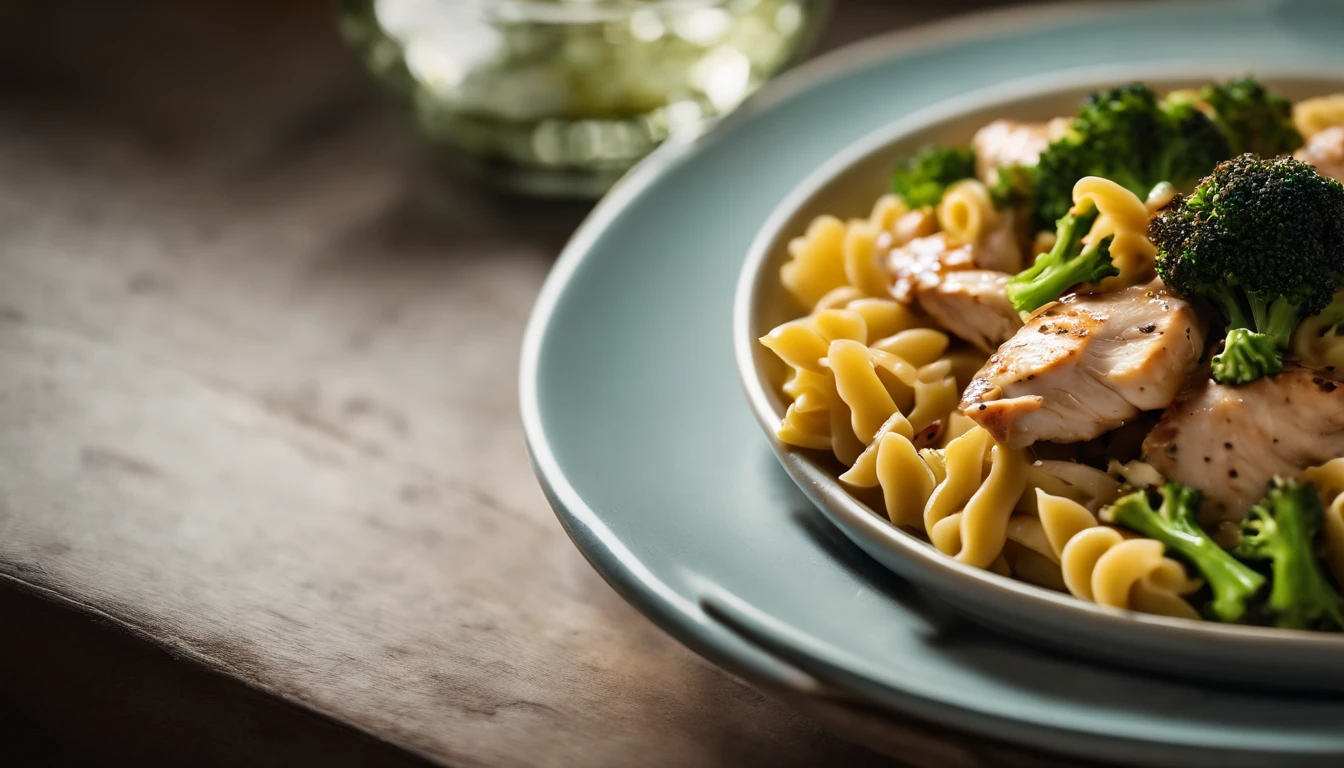 An aesthetic food photography composition featuring a detailed shot of a bowl of colorful Italian pasta with tender chunks of seasoned chicken and lightly steamed broccoli, drizzled with a flavorful olive oil-based dressing, creating a visually striking and appetizing image.