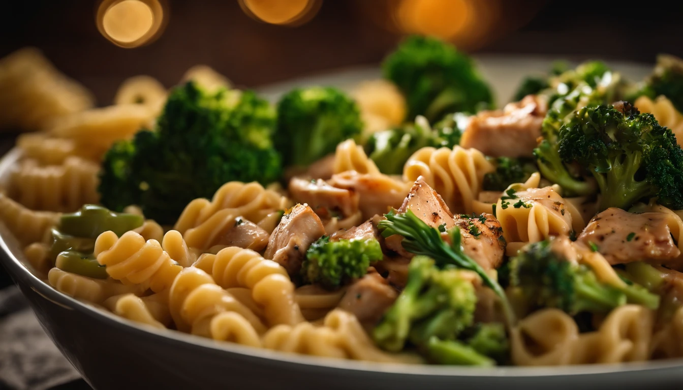 An aesthetic food photography composition featuring a detailed shot of a bowl of colorful Italian pasta with tender chunks of seasoned chicken and lightly steamed broccoli, drizzled with a flavorful olive oil-based dressing, creating a visually striking and appetizing image.