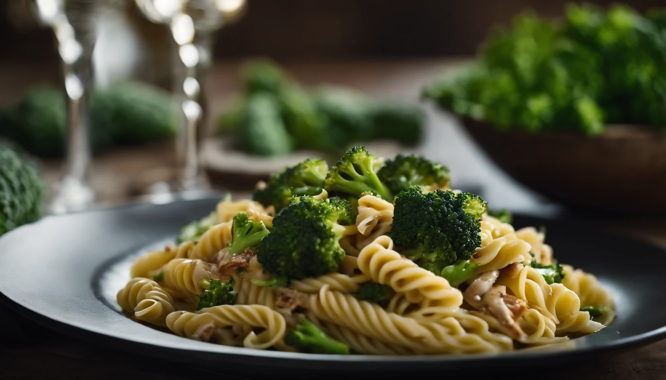 A close-up image of Italian pasta with chicken and broccoli, captured from a low angle to accentuate the depth and layers of the dish, with the vibrant greens of the broccoli contrasting beautifully against the golden hues of the pasta and chicken.