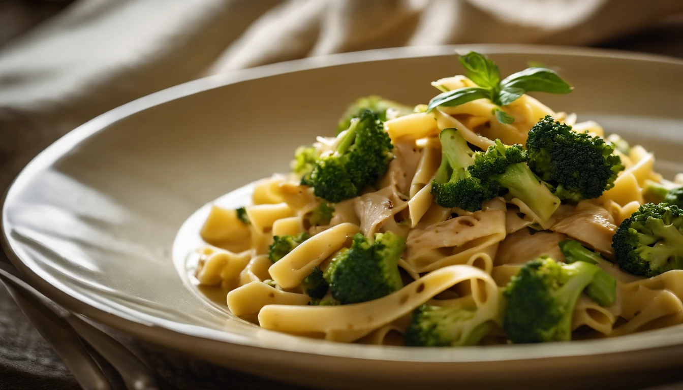 A close-up image of Italian pasta with chicken and broccoli, captured from a low angle to accentuate the depth and layers of the dish, with the vibrant greens of the broccoli contrasting beautifully against the golden hues of the pasta and chicken.