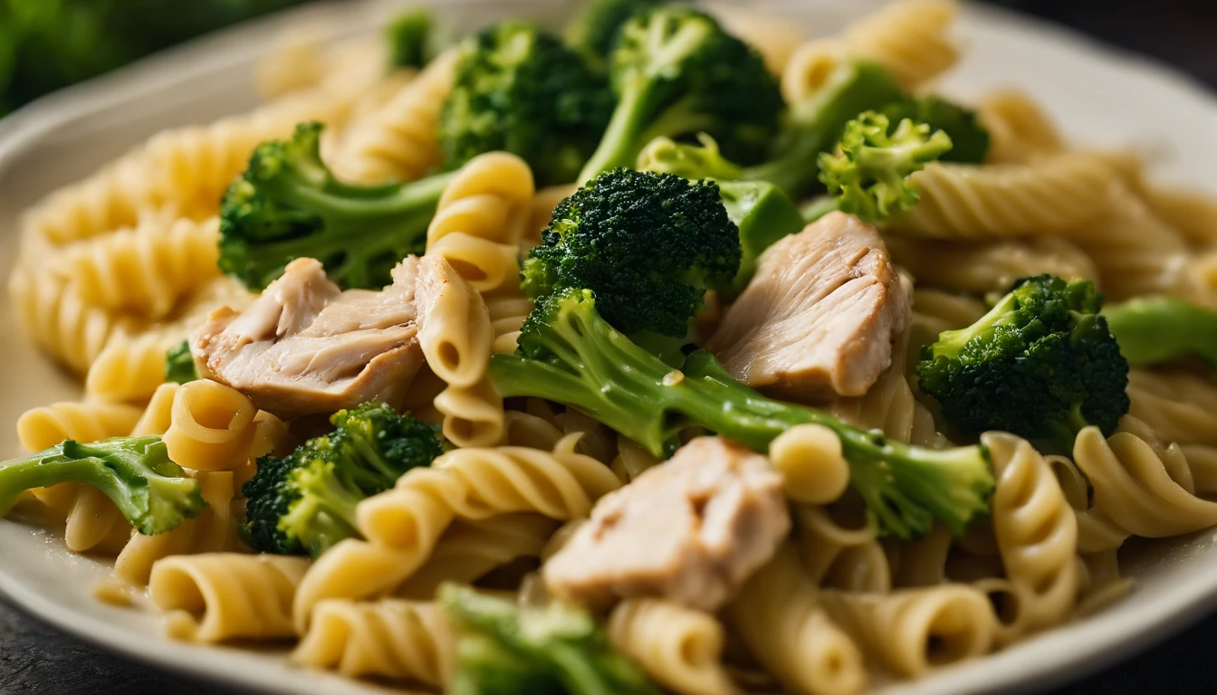 A close-up image of Italian pasta with chicken and broccoli, captured from a low angle to accentuate the depth and layers of the dish, with the vibrant greens of the broccoli contrasting beautifully against the golden hues of the pasta and chicken.