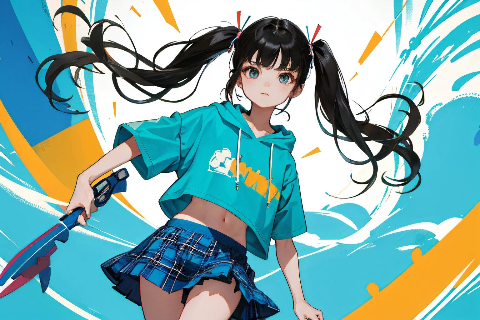 child,(masterpiece,Highest Quality),turquoise short sleeve hoodie,Crop Top Look,Plaid mini skirt,A dark-haired,long twintail,World of toys
