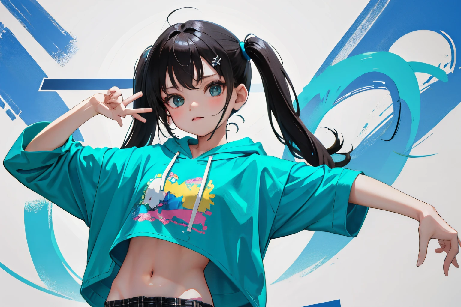 child,(masterpiece,Highest Quality),turquoise short sleeve hoodie,Crop Top Look,Plaid mini skirt,A dark-haired,long twintail,World of toys