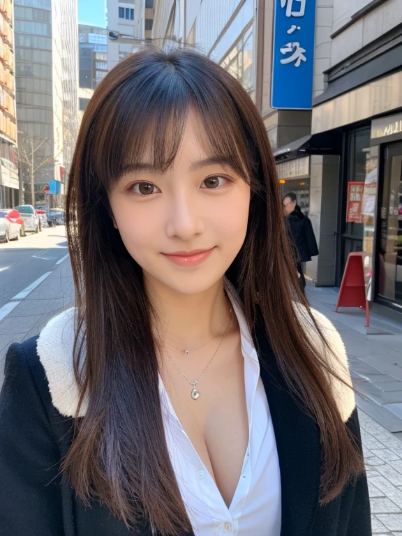 (8k, RAW photo, best quality, masterpiece, ultra detailed,realistic, photo-realistic, real person:1.3), selfie, Japanese idol, (detailed skin: 1.2), pale skin, cute face, brown eyes, smiling, looking at viewer , 23 years old, winter coat, winter, urban city,dating, (:1),