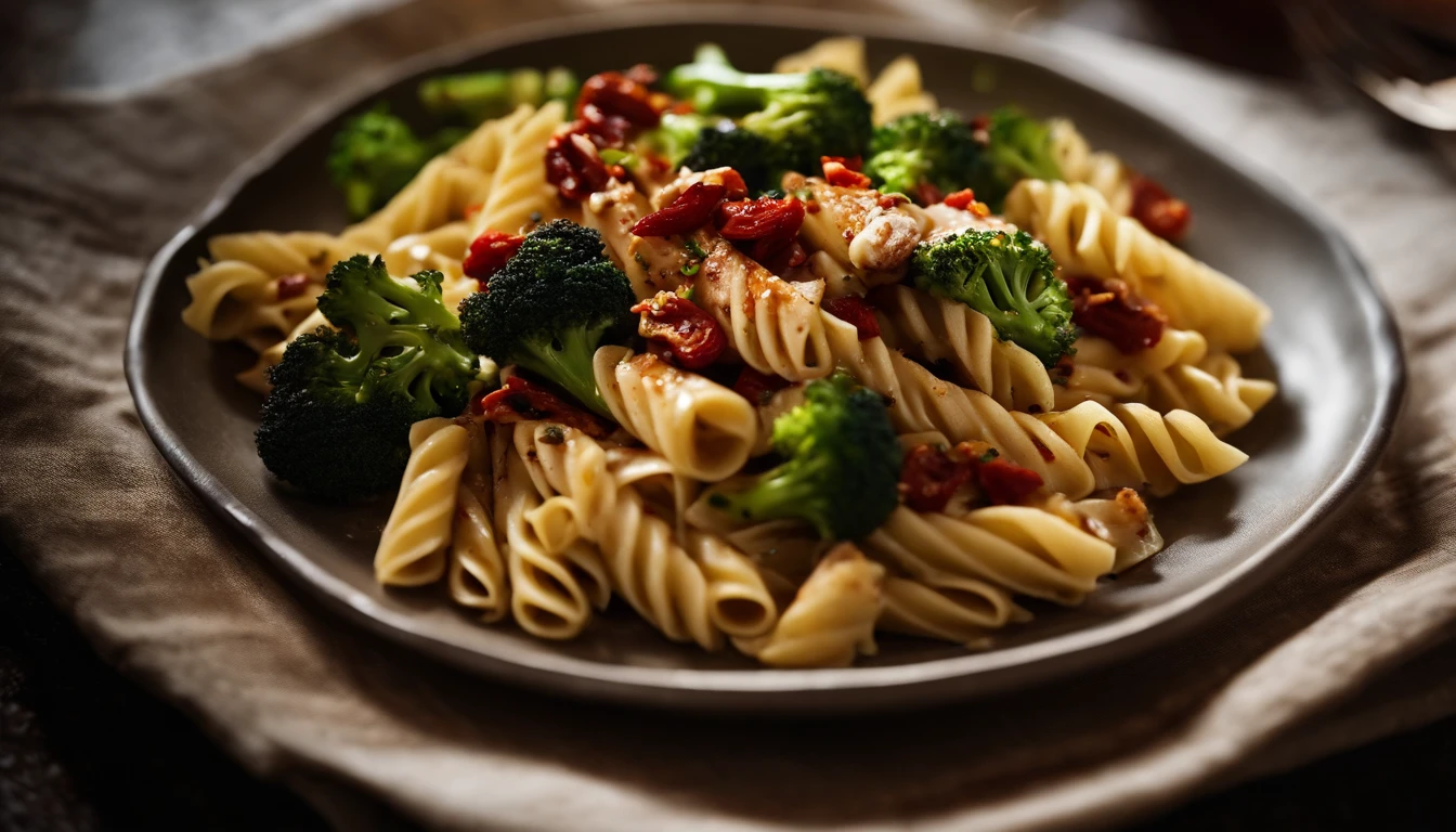 A detailed and realistic image showcasing a plate of Italian pasta with grilled chicken and broccoli, accented with sun-dried tomatoes, garlic, and a sprinkle of chili flakes, adding extra depth and flavor to the dish, capturing the essence of Italian cuisine.