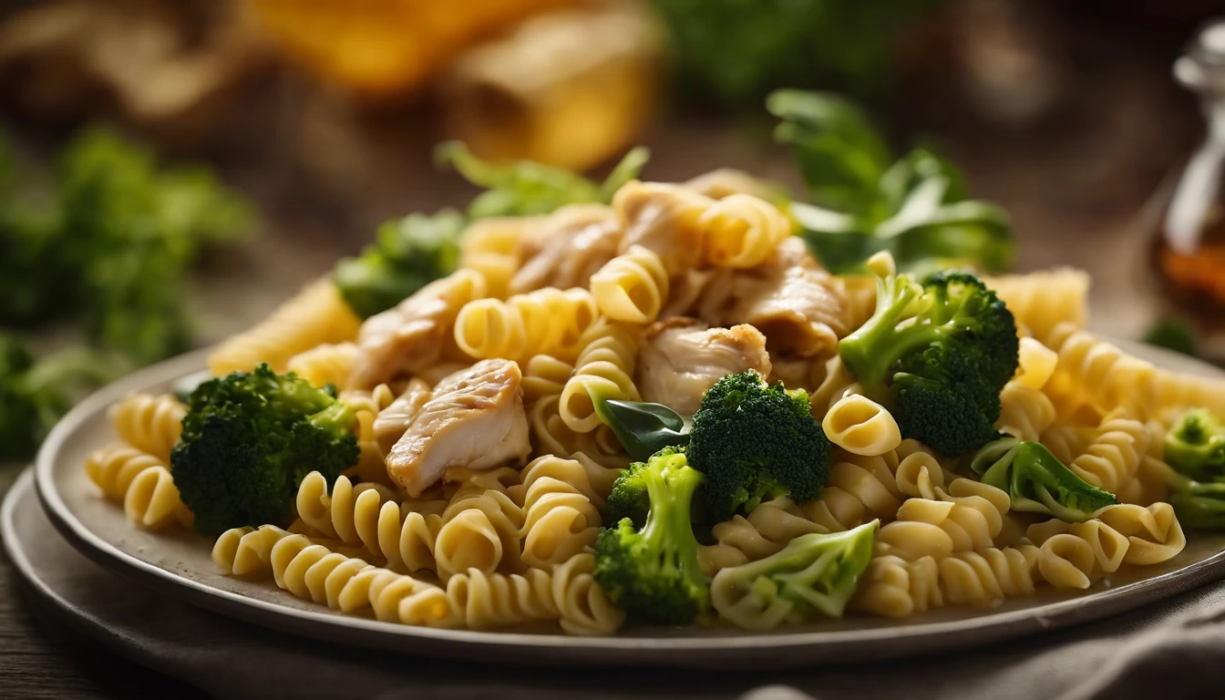 An artistic representation of Italian pasta with chicken and broccoli, arranged in a visually appealing and colorful way, with the ingredients forming a beautiful pattern, highlighting the freshness and variety of flavors in the dish.