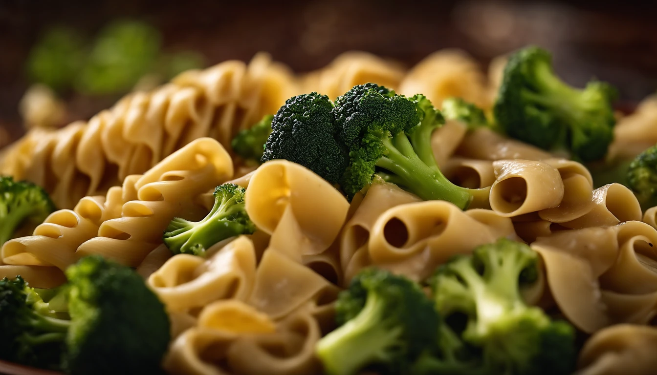 An artistic representation of Italian pasta with chicken and broccoli, arranged in a visually appealing and colorful way, with the ingredients forming a beautiful pattern, highlighting the freshness and variety of flavors in the dish.