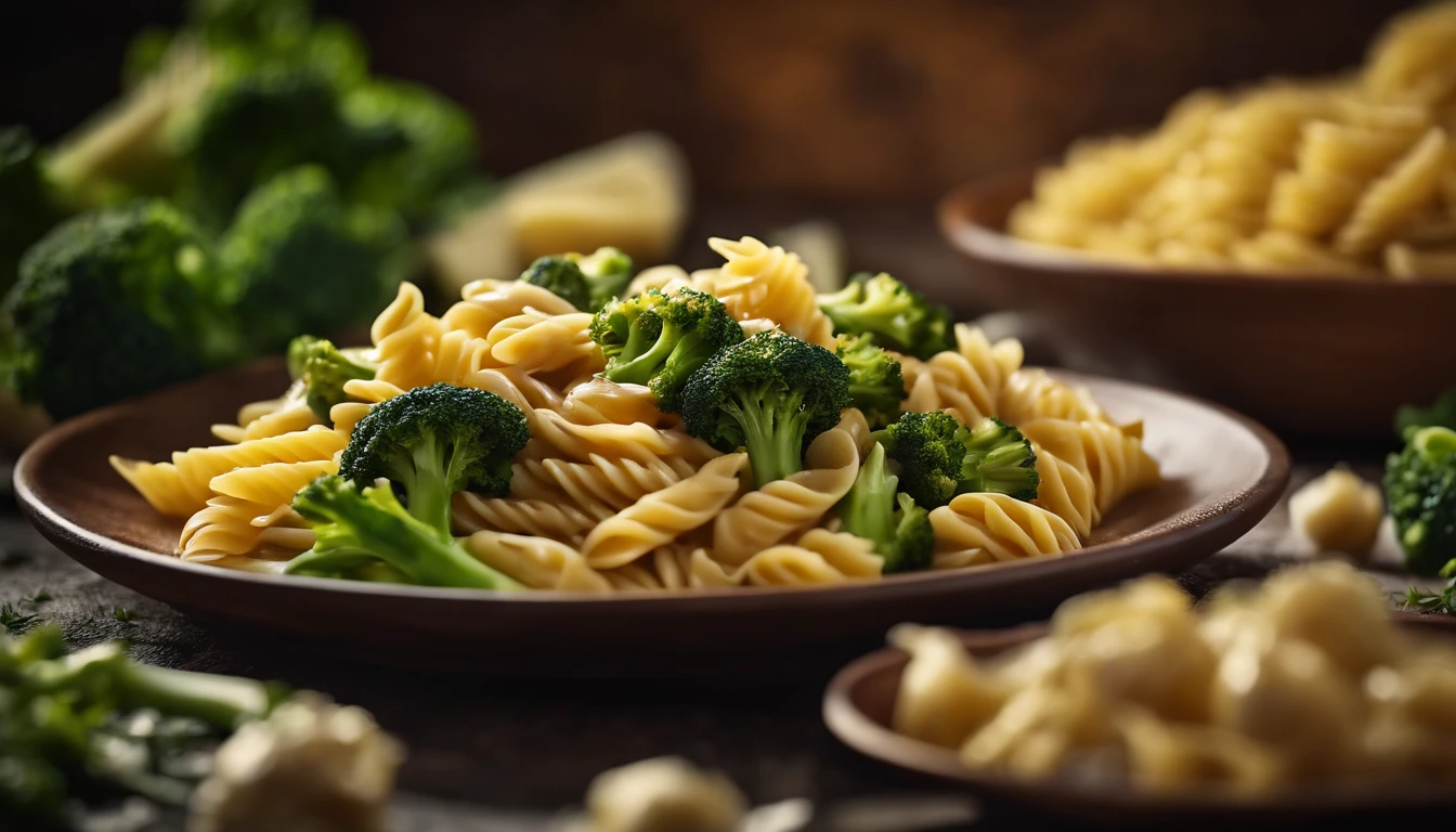 An artistic representation of Italian pasta with chicken and broccoli, arranged in a visually appealing and colorful way, with the ingredients forming a beautiful pattern, highlighting the freshness and variety of flavors in the dish.