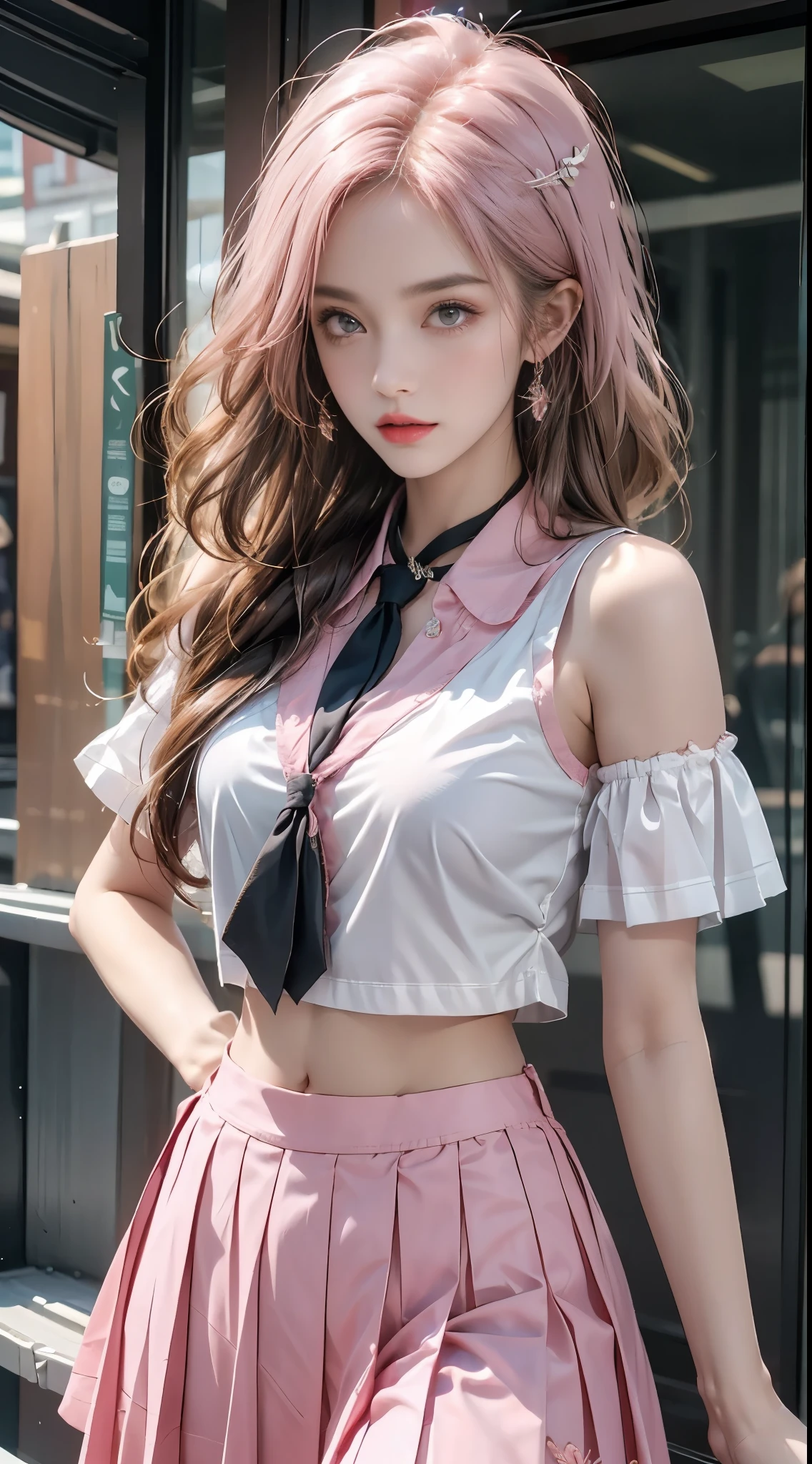 pleated skirt,pink skirt,pink sailor collar, midjourney portrait, Best quality:1.4, photo-realism:1.4, skin texture:1.4, masterpiece:1.8, 1 Women, buttocks raised, beautidful eyes, Long-haired, eye socket, jewely, Tattooed with,