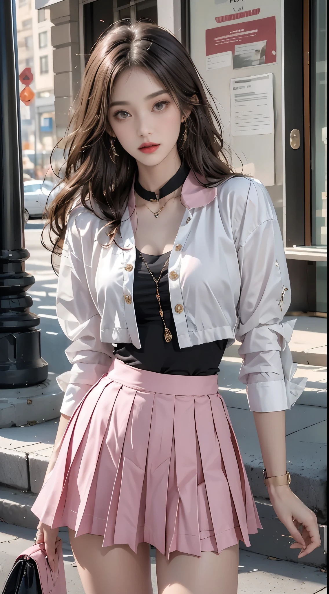 pleated skirt,pink skirt,pink sailor collar, midjourney portrait, Best quality:1.4, photo-realism:1.4, skin texture:1.4, masterpiece:1.8, 1 Women, buttocks raised, beautidful eyes, Long-haired, eye socket, jewely, Tattooed with,