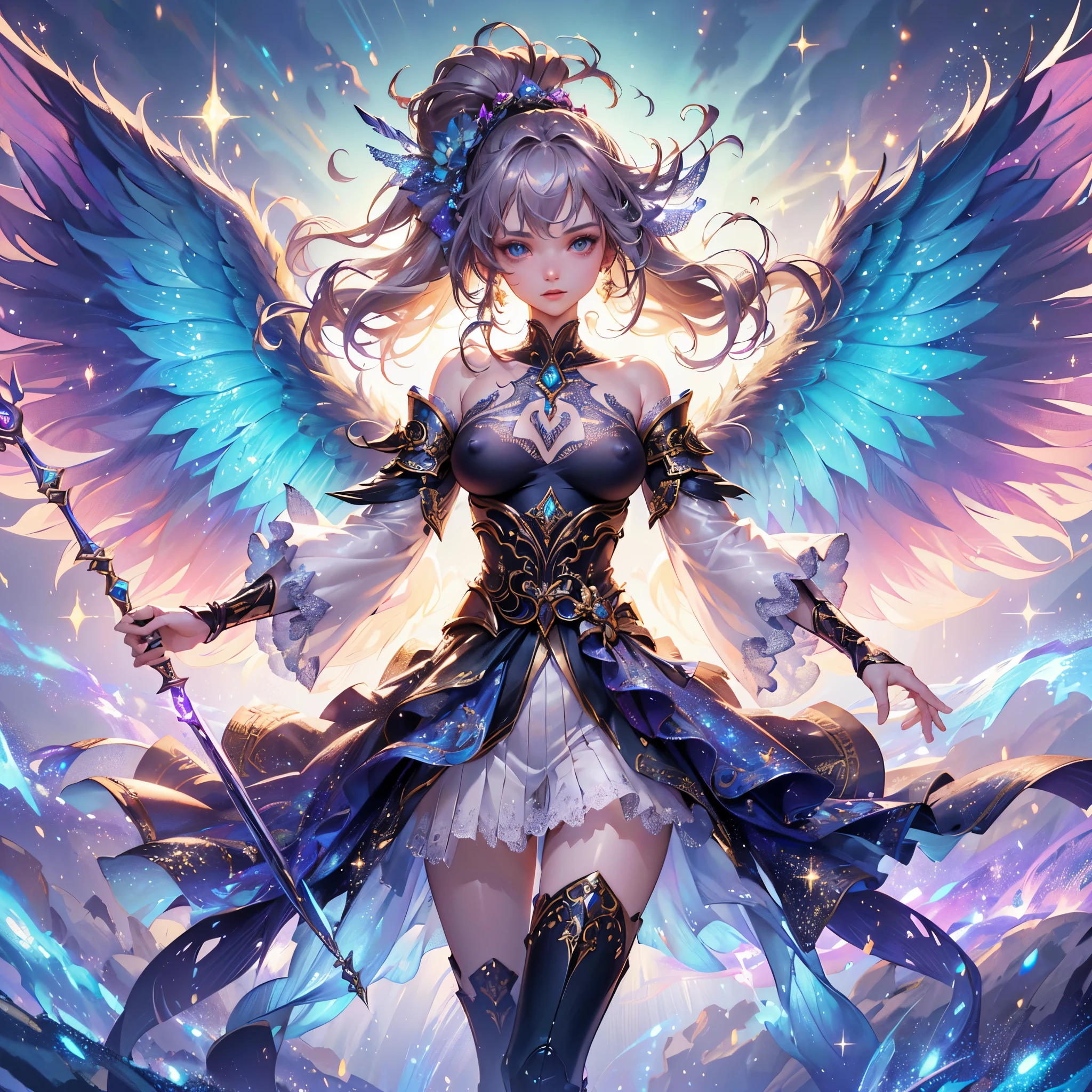 generate a lady name venade, wearing sexy warrior outfit with huge wings, while holding a wand, she is a fierce magician who is ready to spell her enemies, sparkling background, aurora effect, digital effect, glimmering effect, ambient effect, masterpiece, best quality:1.2),(8k,highres,RAW photo,realistic,photo-realistic:1.3),(detailed skin texture,detailed cloth texture,beautiful detailed face:1.25),professional lighting,photon mapping,beautiful soft light,radiosity,physically-based rendering,raytracing, model shoot style, model shoot style, (extremely detailed CG unity 8k wallpaper), full shot body photo of the most beautiful artwork in the world,, (((NSFW))), (((nude))), (completly naked))), (((nipples))