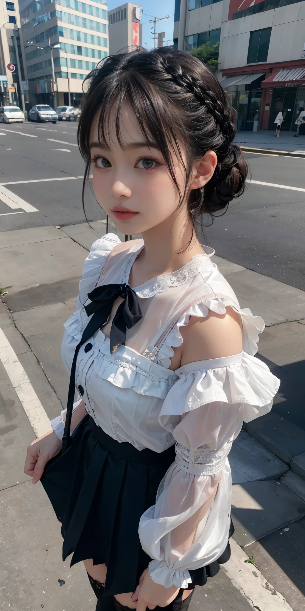 (high-detail:1.4)、(hyper realisitic:1.4)、(Smooth lighting:1.05)、32K、1womanl、Lolita fashion woman at 20 years old、Realistic lighting、Facial Lights、Ray tracing、(brightened light:1.2)、(Quality Improvement:1.4)、(Realistic textured skin of the highest quality:1.4)、fine detailed eyes、A detailed face、Fine quality eye、dark brown eyes、white backgrounid、Pink blouse with black ruffled lace、Black Ribbon Tie、Black flared miniskirt with pink ruffles、dark brown hair、Braided hair、Pink ribbon, (White Silk Sockabrick Ruffle Rack Strap Pumps、(is standing), Shinjuku cityscape