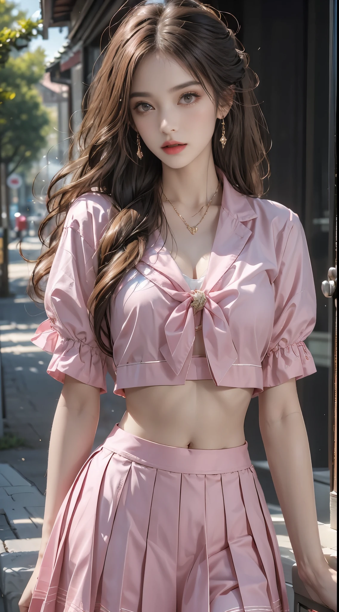 pleated skirt,pink skirt,pink sailor collar, midjourney portrait, Best quality:1.4, photo-realism:1.4, skin texture:1.4, masterpiece:1.8, 1 Women, buttocks raised, beautidful eyes, Long-haired, eye socket, jewely, Tattooed with,