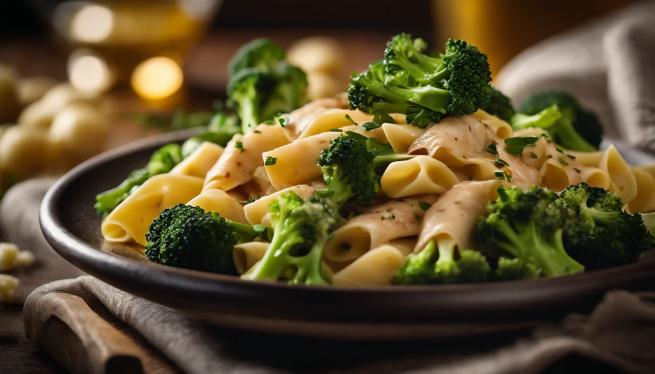 A high-resolution image showcasing a mouthwatering plate of Italian pasta with tender pieces of seasoned chicken and vibrant broccoli, bathed in a light and flavorful sauce, garnished with fresh herbs and a sprinkle of Parmesan cheese, creating an irresistible and visually satisfying image.