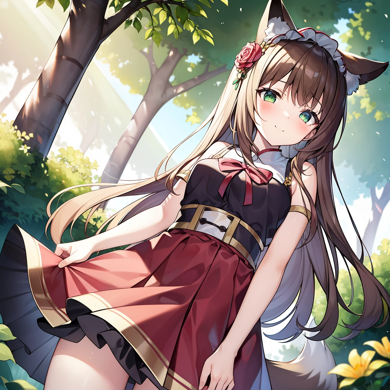 tmasterpiece, Best quality at best, A high resolution), 1 girl, Alone, Oversized fox tail,Brown hair long,Green-eyed,Small flower headdress, (-yeld juschool student),ecture,摩洛解放阵线,deep in the night_A tryst in a relatively remote forest outside the village,in a skirt,Leaning against the tree,Lift up the skirt with both hands,(Sexual suggestiveness),ssmile,blush,Vision from bottom to top,