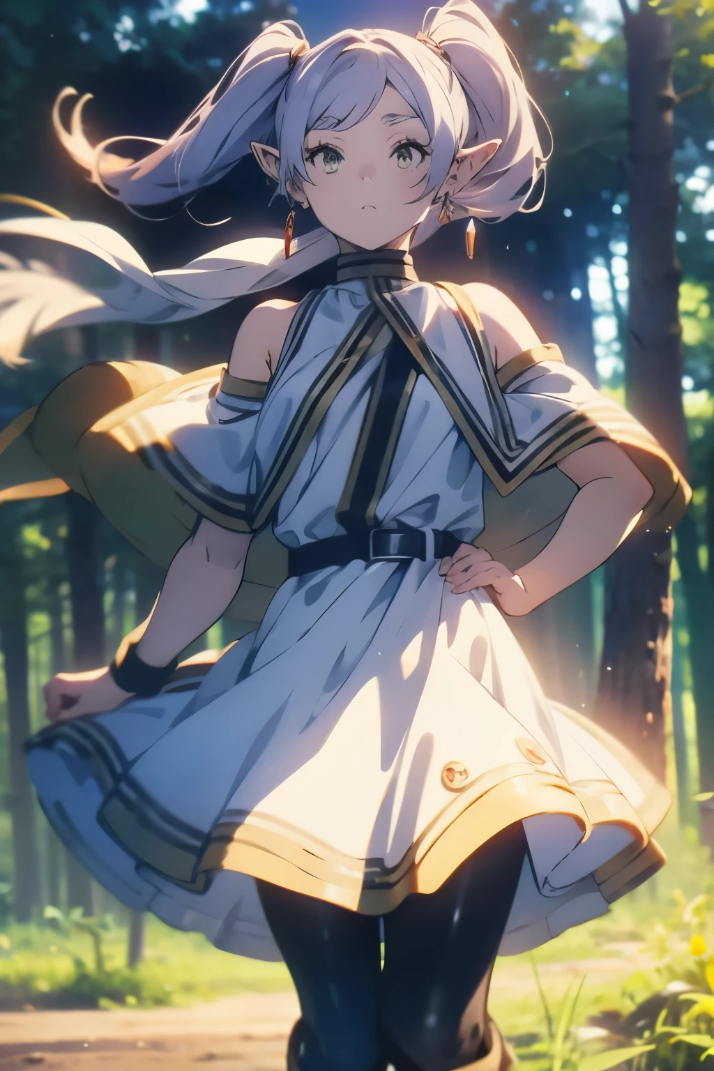 Life activities, Freelen、in woods、1人、耳Nipple Ring、elvish、length hair、Spiky ears、独奏、Twin-tailed、verd s eyes、耳Nipple Ring、white  hair、[looking at viewert]Usually provided: white capelet、White sleeves、long-sleeve、 [long boots、brown shoes、Black pantyhose]robe blanche: bare shoulders​、鎖骨、doress、robe blanche、sleeveless dresses、the pose: is standing(masutepiece:1.2), Best Quality,Best Beautiful Girl, High resolution, Unity 8k壁纸, (Illustration:0.8), Perfect Lighting, extremely details CG, (Perfect hands, Perfect Anatomy),((model poses)),Eyes open,(masutepiece:1.2), High resolution, Unity 8k壁纸, (Illustration:0.8), extra detailed face, Perfect Lighting, extremely details CG, (Perfect hands, Perfect Anatomy),masutepiece, Best Quality,Cowboy Shot,