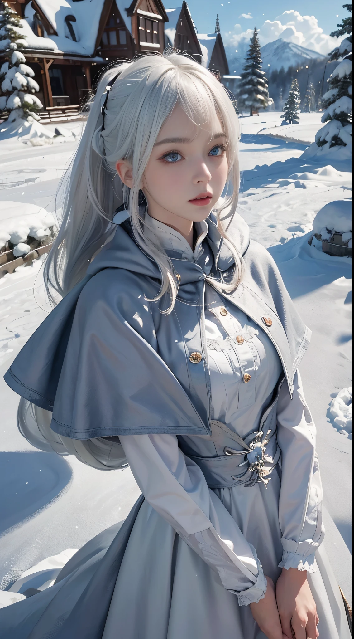 (8K)，realistically, A high resolution, 1 Women, own, (gorgeous one，ta costume)， pretty eyes, White hair, eye socket, (Dynamic posture，Cloak，blanketed in a mantle of snow)， snowfield，twilight，Cloud，