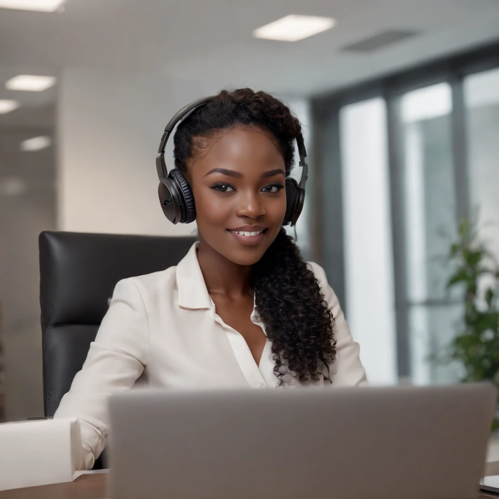 ((Dark African skin, Very deep ebony skin)), ((Its beauty undeniable)), ((Excited cute face)), ((Hyper detailed perfect eyes,)), ((working behind laptop)), ((wearing headphones)), ((Langue sortie)), ((Focussed)), ((light color official suit, office, sitting behind desk)), ((Afro ponytail with long African curly hair)), ((debout, vue de face)), ((typing on laptop)), ((Office, work, corporate, desk, people in the background)), Sharp Focus CGI, photoreallistic, High detail, Realstic, Masterpiece, absurdes, Best quality, Hdr, High quality, high-definition, Extremely detailed, 8k wallpaper, Intricate details, 8K UHD, Full-HD, (photo realist:1.2), contraste, intense illumination, lighting cinematic, natural lighting, veilleuse, Nuit, Illumination globale, Laughing out loud, a la piscine African women、Female sexy, the hague
