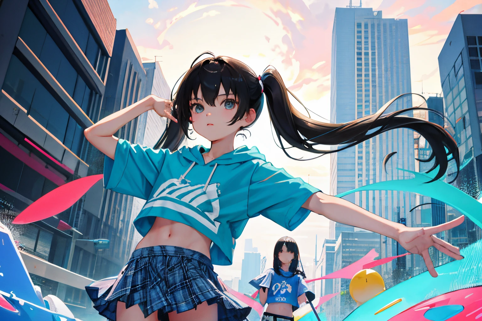 ,(masterpiece,Highest Quality),turquoise short sleeve hoodie,Crop Top Look,Plaid mini skirt,A dark-haired,long twintail,World of toys