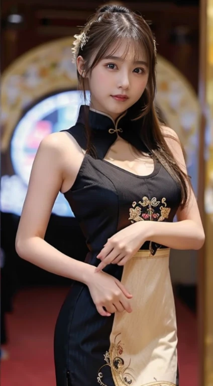 8K、Ultra-precise rendering、Photo Quality、 Top quality in many colors,photos realistic,Detailed eyes、intricate-detail,RAW photogr、((13yo girl、natural make up、sparkly eyes))、kawaii faces、A smile、Very white skin、round large chest、Beautiful valley,thin-waist、big butts、カラフルでゴージャスなqipao dress,extra long hair,((poneyTail))smooth and shiny straight hair、cropped shoulders、delicated face,Expose cleavage,ornamented,Inside the palace,((qipao dress、deep slits on the sides、Elaborate and detailed embroidery all over the body,rhinestone))Standing、high-heels、pose with legs spread、stares at the camera、sticking out the buttocks、Full shot from diagonally forward