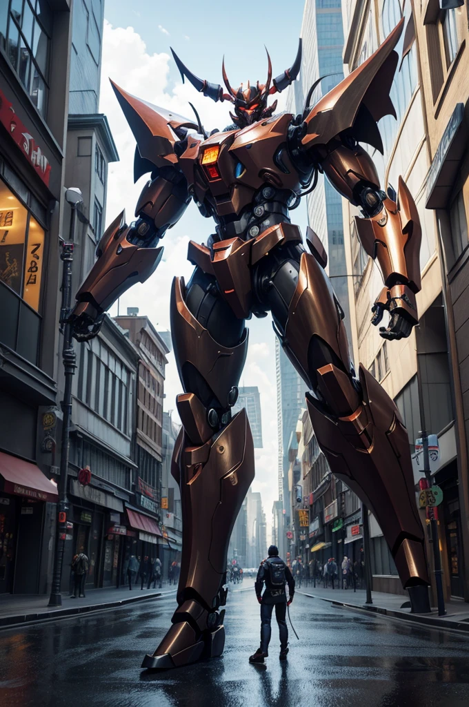 (Demon God Mecha, 3D rendering), background city street center, clear HD, 8K resolution, very detailed, digital painting, concept art, Shinkai Makoto style, pop popularization trend, pop, pop trend on pixiv.