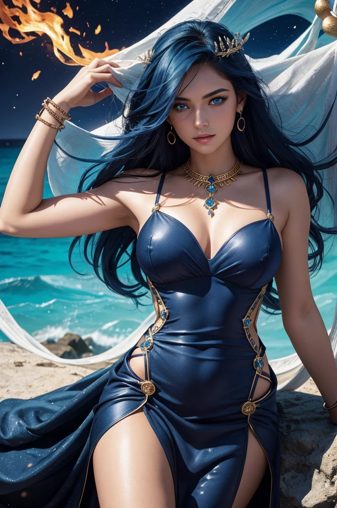 ( Absurd , High quality , ultra detailed, careful with hand )Zodiac - Sagittarius goddess , similar to latin goodness . Optimistic, fair-minded, funny and intellectual face . Reckless, cold-hearted, impatient, overconfident style . Dark blue eyes (eyes detail) , deep blue hair with bling bling , transparent dress , in the ocean with stars , whole body , fire nature , god Chiron