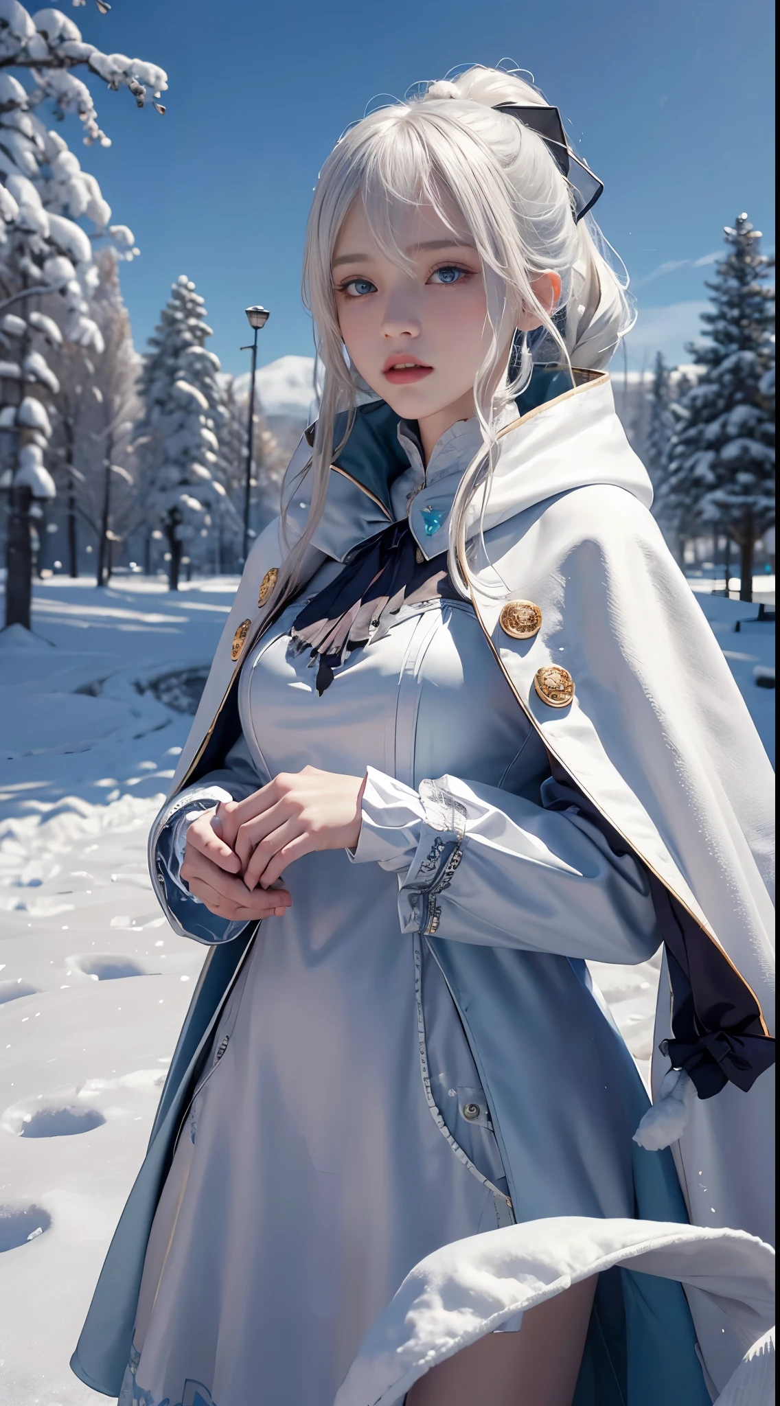 (8K),realistically, A high resolution, 1 Women, own, (gorgeous one,Lolita costume), pretty eyes, White hair, eye socket, (Dynamic posture,Cloak,blanketed in a mantle of snow), snowfield,twilight,Cloud,