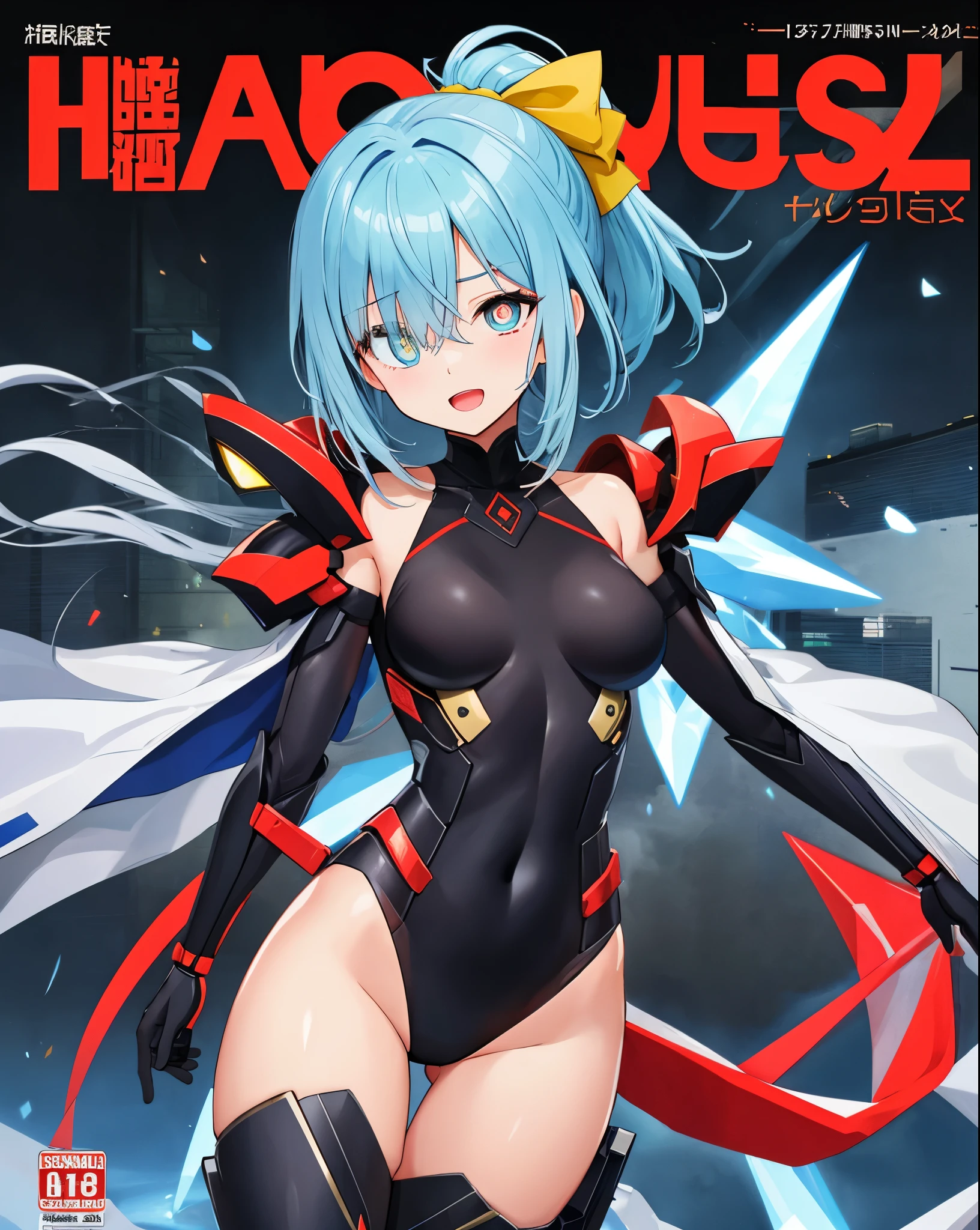 Japanese_anime_style,1figure_size_girl,(:1.3), (short_straight_ponytail:1.3), (light_blue_hair:1.3),black_mechanical_armor_parts,red_white_parts_black_body_suit,bare_shoulder,bare_thighs,medium_breasts,in_city_background,Stinging_eyes,(half_pupil:1.5),sleepy,thighhigh_greaves,gauntlets,dynamic_posing,bare_frank,metal_red_parts_black_armor,red_eye,
fists,1crystal_sword,hold_sword_hilt,glare,navel,large_mechanical_parts,happy,waist_armor,open_mouth,rise_legs,apart_legs, (very_long_bangs:1.3), (hair_over_one_eye:1.5),(long_bang_covers_right_half_of_face:1.5),
covered_pussy,