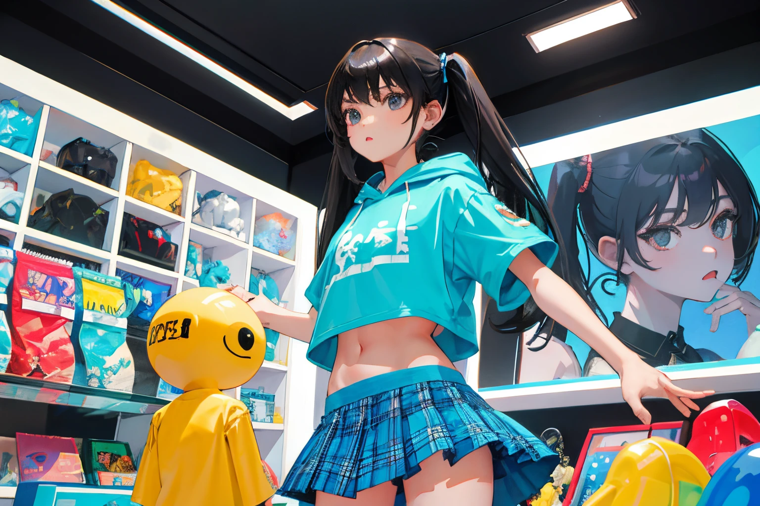 child,(masterpiece,Highest Quality),turquoise short sleeve hoodie,Crop Top Look,Plaid mini skirt,A dark-haired,long twintail,World of toys