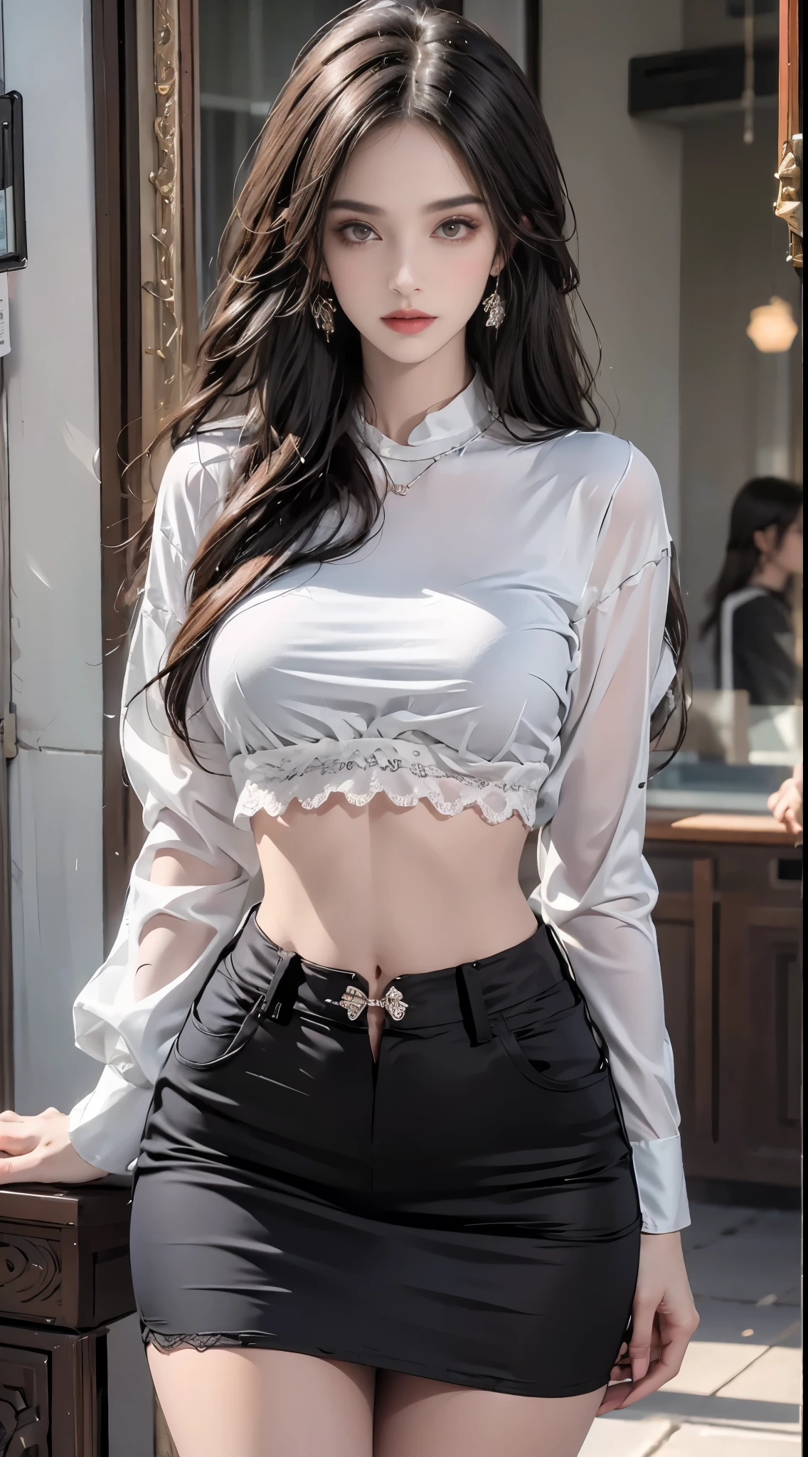 Special clothes44,lace trim,midriff,shirt,miniskirt, midjourney portrait, Best quality:1.4, photo-realism:1.4, skin texture:1.4, masterpiece:1.8, 1 Women, buttocks raised, beautidful eyes, Long-haired, eye socket, jewely, Tattooed with,