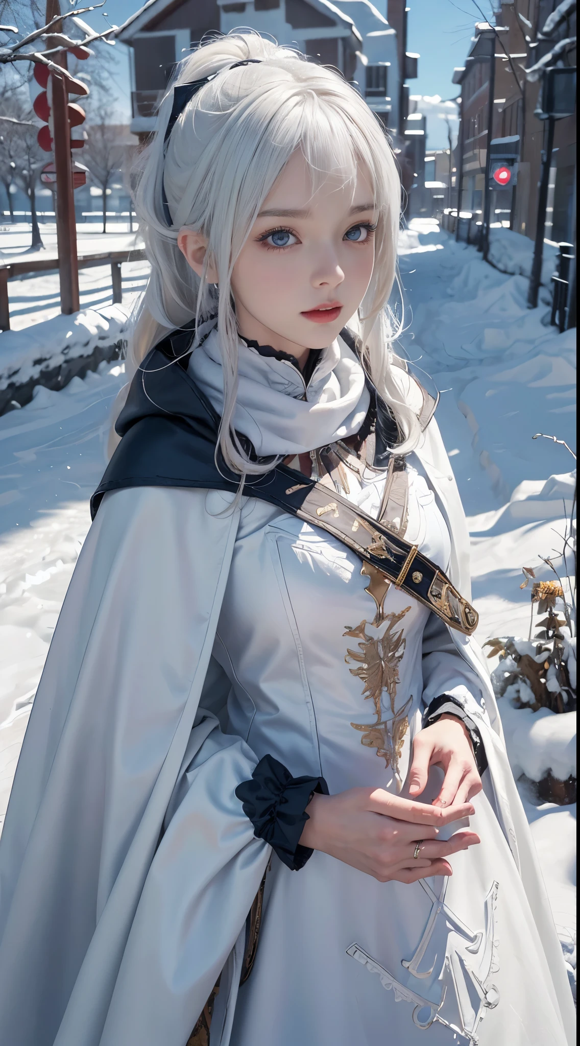 (8K),realistically, A high resolution, 1 Women, own, (gorgeous one,Lolita costume), pretty eyes, White hair, eye socket, (dynamicposes,Cloak,blanketed in a mantle of snow),jeanfavonian, snow field,evening,clouds,
